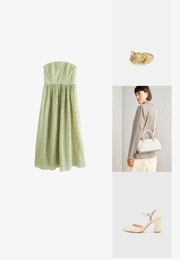 Next TALL - OCCASION BANDEAU - Oblečenie na špeciálnu príležitosť - sage green; Zlaté metalické topánky na opätku s špicatou špičkou, pásikom okolo členka s kruhovou sponou a robustným dizajnom opätku. Hladká textura.; Biela štruktúrovaná kabelka s krátkymi rúčkami a ramenným popruhom, s zlatými kovovými prvkami a textúrovaným materiálom, vystavená na šedom pozadí.; Zlatý prsteň s textúrovaným, vlnitým dizajnom, ktorý má tri výrazné vrcholy. Hladký, lesklý povrch a otvorený pásik pre nastaviteľné prispôsobenie.