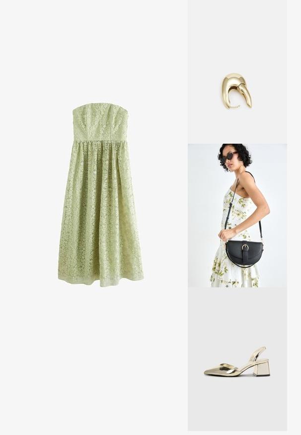 Next TALL - OCCASION BANDEAU - Svečana odjeća - sage green; Zlatni metalik slingback sandali s šiljatim vrhom i debelim potpeticama. Glatka tekstura, minimalistički dizajn i uski remen.; Crna kožna torba s lukovitim oblikom, odvojivim remenom i zlatnim detaljima. Torba ima preklop s kopčom.; Zlatne metalne naušnice s elegantnim, zakrivljenim dizajnom. Imaju karakterističan šiljast oblik, poliranu površinu i zatvaranje na šarku.