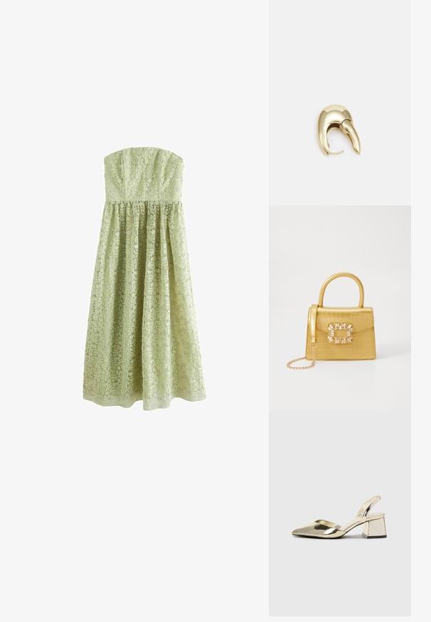 Next TALL - OCCASION BANDEAU - Ballkleid - sage green; Goldene, metallische Slingback-Absätze mit spitzem Zeh und dicker Ferse. Glatte Textur, minimalistisches Design und ein schmaler Riemen.; Gelbe Kunstleder-Handtasche im Krokodil-Look mit strukturiertem Design, Obergriff, abnehmbarem Kettenriemen und dekorativer Kristallverzierung am Verschluss.; Ohrringe aus goldfarbenem Metall mit einem schlanken, geschwungenen Design. Sie verfügen über eine markante, spitze Form, eine polierte Oberfläche und einen Scharnierverschluss.