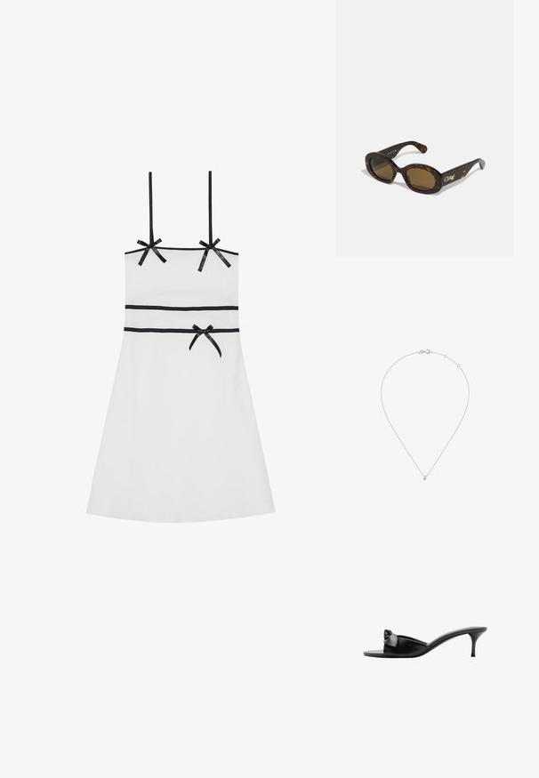 Weißes ärmelloses Kleid mit schwarzen Ripsbändern an den Schultern und der Taille. Glatte Textur, knielang, figurbetonter Schnitt, dezentes Rippdesign.; Schwarze Leder-Pantoletten ohne Ferse mit einer Schleifenakzentuierung, offener Zehenpartie und einem schlanken, hohen Absatz. Glatte Textur und minimalistisches Design.; Schildpatt-Sonnenbrille mit ovalen Fassungen, braunen getönten Gläsern und "Chloé"-Markierung am Bügel. Glattes Kunststoffmaterial mit glänzender Oberfläche.; Live Diamond DIAMANT LAB GROWN - Halskette - weiß/gold-coloured