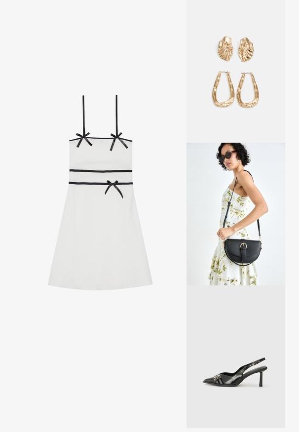 Balta bez piedurknēm kleita ar melniem lentēm uz pleciem un jostasvietas. Gluda tekstūra, līdz ceļiem, pieguļošs siluets, smalks rievots dizains.; Melnā patentēta ādas sandale ar norādītu purngalu, potītes siksniņām ar sudraba sprādzēm un aparatūru, kā arī smalku papēdi.; Melnas ādas rokassoma ar izliekta formu, noņemamu siksnu un zelta aksesuāriem. Somai ir vāciņš ar sprādzes detaļu.; Zelta krāsas auskari ar teksturētām, viļņotām formām. Iekļauts skulpturāls piespraužams modelis un atvērta gredzenveida konstrukcija ar izsistām virsmām.