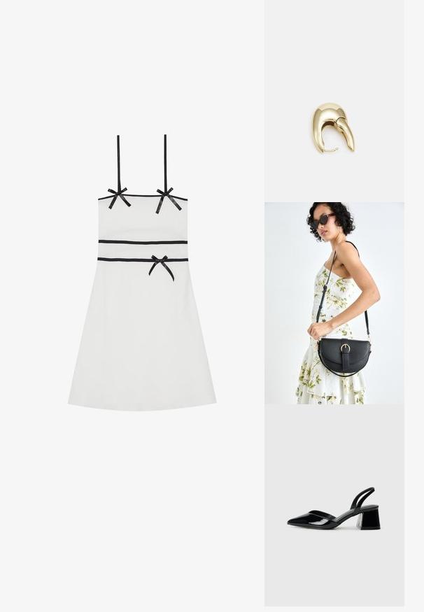 Bijela haljina bez rukava s crnim trakom oko ramena i struka. Glatka tekstura, dužina do koljena, prilagođen silueti, suptilan rebrasti uzorak.; Crne lakirane kožne sandale s otvorenom petom i špicastim vrhom, s geometrijskom blok petom. Imaju elegantan, minimalistički dizajn i glatku teksturu.; Crna kožna torba s lukovitim oblikom, odvojivim remenom i zlatnim detaljima. Torba ima preklop s kopčom.; Zlatne metalne naušnice s elegantnim, zakrivljenim dizajnom. Imaju karakterističan šiljast oblik, poliranu površinu i zatvaranje na šarku.