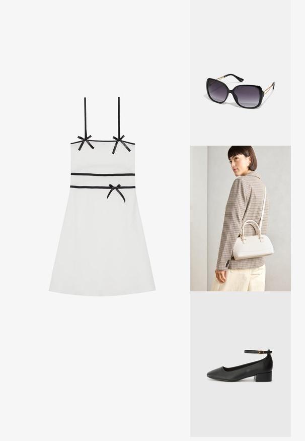 Rochie albă fără mâneci cu accente de panglică neagră la umeri și talie. Textură netedă, lungime până la genunchi, siluetă ajustată, design subtil cu dungi.; Pantof cu toc negru din piele, cu vârf ascuțit și toc mic pătrat. Dispune de o curea la gleznă cu o cataramă în tonuri de aur. Textură netedă.; Ochelari de soare negri, supradimensionați, cu lentile degradate, rame groase și detalii cu lanț de ton auriu pe brațele templului.; Geantă structurată albă, cu mânere scurte și curea de umăr, având accente din metal aurit și material texturat, expusă pe un fundal gri.
