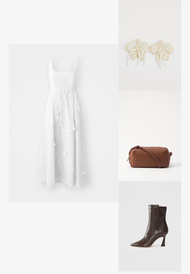 MUNTHE FRONIA mleczny; Ciemnobrązowe skórzane botki do kostki z zaostrzonym czubkiem, lekko wygiętym cienkim obcasem i gładkim wykończeniem na białym tle.; Brązowa pleciona skórzana torba o prostokątnym kształcie, gładkiej fakturze, zamknięciu na zamek i pasku na ramię. Posiada boczny uchwyt i złote akcenty.; Kolczyki w kształcie kwiatu z perłami i złotymi akcentami. Każdy płatek zdobiony jest małymi, okrągłymi perłami ułożonymi w kwiatowy wzór, z opadającymi detalami z pereł.