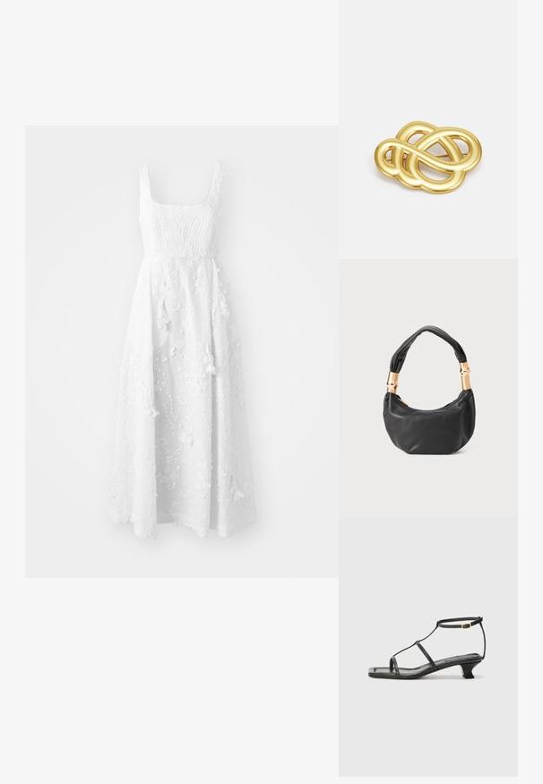 MUNTHE FRONIA - Jurk - ivory; Zwarte leren sandaal met een vierkante neus, dunne banden, een verstelbare enkelriem en een lage hak. Heeft een kleine gouden accent op de band.; Zwarte leren handtas met een ronde vorm, zachte textuur en een geknoopt handvat met gouden hardware accenten. Met rits sluiting.; Goudkleurige broche met een knoopontwerp, featuring gladde, gebogen lijnen en een ingewikkelde vorm, wat zorgt voor een gepolijste afwerking.