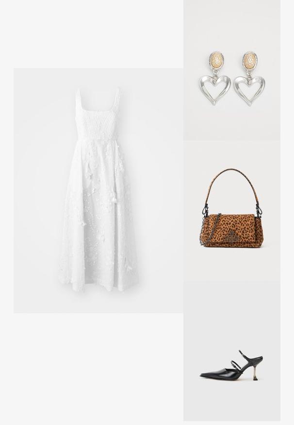 MUNTHE FRONIA mleczny; Czarne skórzane buty na obcasie ze spiczastym noskiem, z dwoma regulowanymi paskami i metalicznym obcasem. Gładka tekstura i minimalistyczny design.; Torebka w panterkę wykonana z zamszu, z krótkim uchwytem, łańcuszkowym paskiem oraz czarnym zapięciem. Prostokątny kształt z klapką.; Srebrne kolczyki w kształcie serca z połyskującym wykończeniem. Każdy z nich ma teksturowany beżowy owalny wkręt. Elegancki i lekki design.