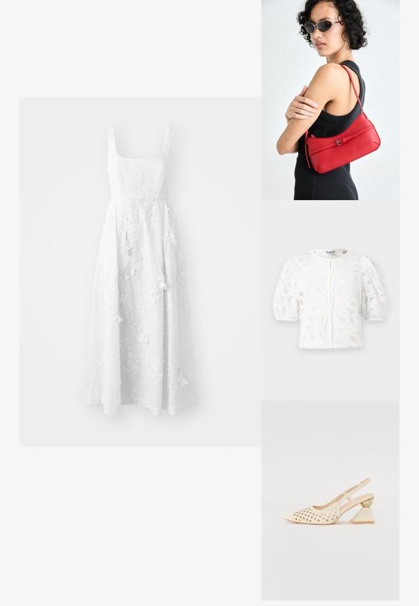 MUNTHE FRONIA - Denné šaty - ivory; Biela čipkovaná blúzka s okrúhlym výstrihom, vypuklými krátkymi rukávmi a kvetinovým vzorom. Obsahuje gombíkový uzáver a priesvitnú látku.; Béžová sandálová obuv na podpätku s perforovaným zvrškom, špicatou špičkou a kontrastným trojuholníkovým podpätkom s zlatým akcentom. Hladká textúra celkovo.; Červená kožená taška cez rameno s hladkým povrchom, zakriveným dizajnom a dekoračnou sponou. Nastaviteľný popruh a zips.