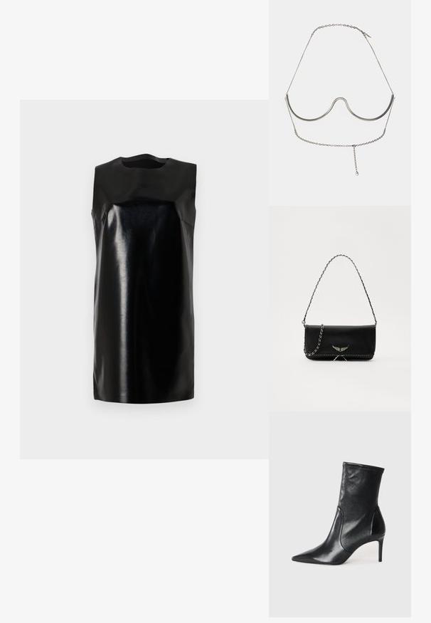 Melnas bezpiedurkņu kleitas, kas izgatavota no spīdīga materiāla, ar apaļu kakla izgriezumu, tīrām līnijām un taisnu siluetu. Gluda tekstūra, bez redzamām detaļām.; Melnas potītes zābakus, kas izgatavoti no gludas ādas, ar norādītu purngaliņu, pieguļošu kāju un šauru augstu papēdi. Minimalistisks dizains bez redzamiem aksesuāriem.; Melnas ādas rokassomā ar sudraba ķēdes siksnu, kurai ir dekoratīvi spārnu akcenti un baltā šuvēšana apakšējā šuvē.; Cult Gaia ASHA BODY JEWELRY - Citi aksesuāri - bright shiny silver-coloured