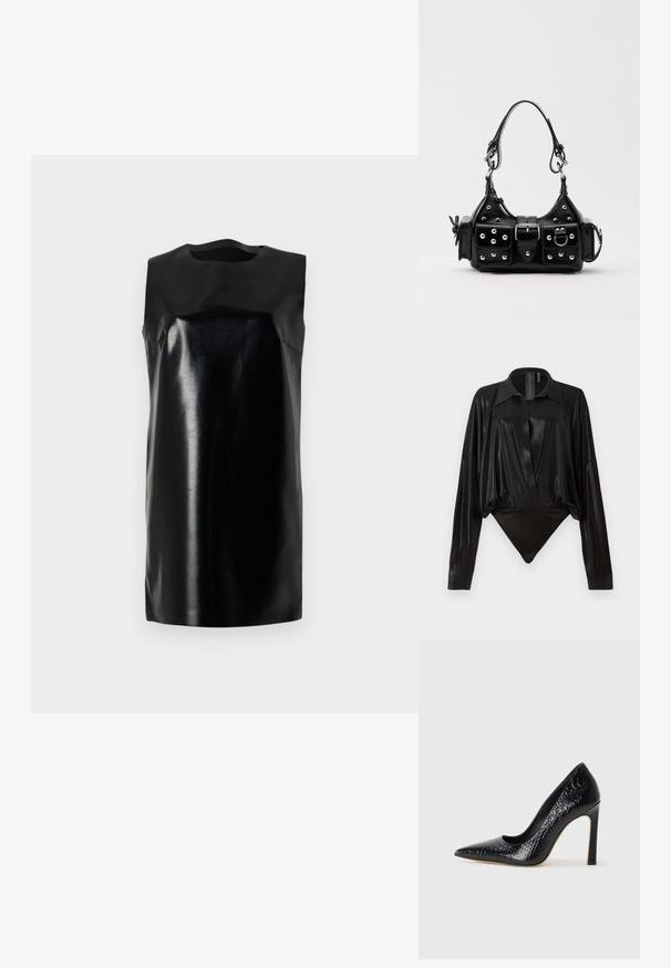 Vestido preto sem mangas feito de material brilhante, com decote redondo, linhas limpas e silhueta reta. Textura suave, sem hardware visível.; Bodysuit preto com mangas longas, decote em V e silhueta ajustada. Feito de um tecido brilhante e suave, com colarinho e punhos estruturados.; Sapato de salto alto de bico fino preto com textura de pele de crocodilo, apresentando um design elegante, salto agulha alto e interior preto suave.; Bolsa de couro preta com um design curvado, apresentando tachas prateadas, uma fivela e dois bolsos laterais. Alça ajustável para opções de transporte.