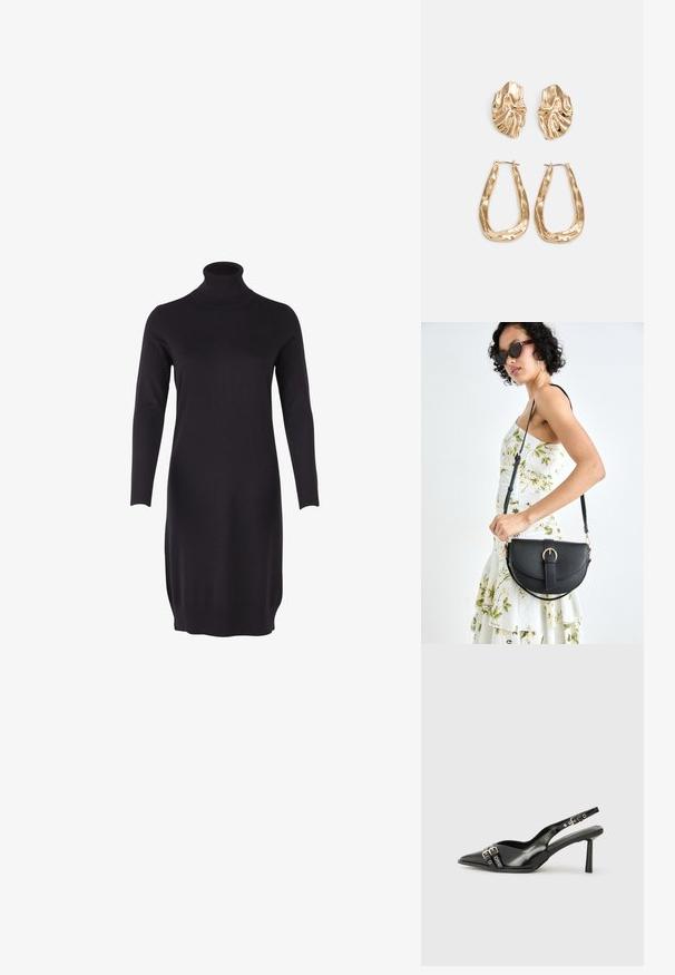 Melnas turtlenecks kleita ar garām piedurknēm. Izgatavota no mīkstas, elastīgas adītas auduma. Iespējas ietver pieguļošu siluetu un ribotas piedurknes un apakšmalu.; Melnā patentēta ādas sandale ar norādītu purngalu, potītes siksniņām ar sudraba sprādzēm un aparatūru, kā arī smalku papēdi.; Melnas ādas rokassoma ar izliekta formu, noņemamu siksnu un zelta aksesuāriem. Somai ir vāciņš ar sprādzes detaļu.; Zelta krāsas auskari ar teksturētām, viļņotām formām. Iekļauts skulpturāls piespraužams modelis un atvērta gredzenveida konstrukcija ar izsistām virsmām.