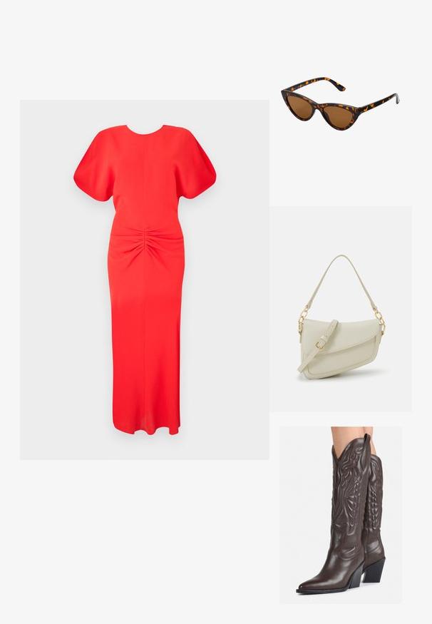 Raudona midi suknelė su trumpomis pūstomis rankovėmis, apvali iškirpte ir sukauptais akcentais ties liemeniu. Lygus audinys su elegantiška siluetu.; Rudos odinės kaubojaus batai su smailiu priekiu ir blokuotu kulnu, pasižymintys detaliu siuvinėjimu ir iškiliais akcentais ant ašies.; Katės akies saulės akiniai su juodu ir oranžiniu šarvuotu rėmeliu, ruda objektyvu ir elegantiškais, smailiais galiukais. Rėmelyje yra minimalus logotipas ant šventės.; Mažas kreminis rankinukas su tekstūruotu paviršiumi, ilga reguliuojama juostele, grandinėle ir užsegimu su atvartu. Aukso detalės.