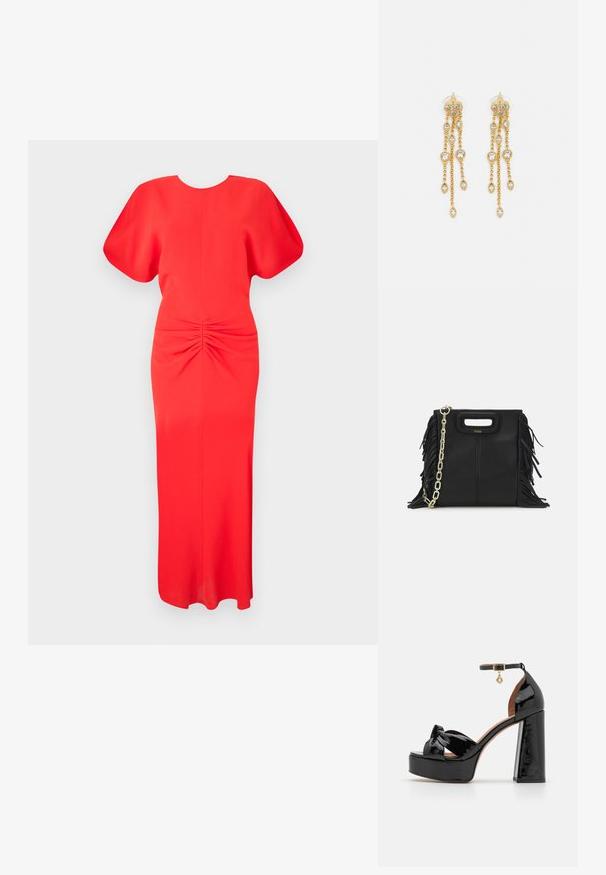 Sarkans midi kleita ar īsām puff piedurknēm, apaļu kakla izgriezumu un savelkošu detaļu viduklī. Gluda auduma, ar plūdenu siluetu.; Maje Augstpapēžu sandales - noir; Melna ādas rokassoma ar frizūras detaļām, zelta ķēdes plecu siksnu un izgrieztu rokturi. Ir logotipa novietojums priekšpusē.; Zelta tonī auskari ar vairākiem kaskādes ķēdēm, kas rotāti ar caurspīdīgiem ovāliem rhinestone akcentiem un dekoratīvām pīrsingiem.
