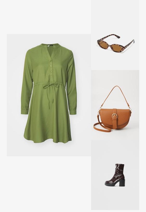 Žalia ilgomis rankovėmis suknelė su V formos iškirpte, užsegimu mygtukais, prigludusia juosmens juosta ir platėjančia sijona. Lygi medžiaga ir paprastas dizainas.; Blizgus burgundių spalvos kulknapis su tankiu juodu kulnu, pasižymintis lygiu paviršiumi ir paprastu dizainu. Nėra matomų užsegimų ar raštų.; Kaktašiai akiniai nuo saulės su ovaliais objektyvais, rudi, ploni laikikliai su tekstūruotu raštu, lengvas plastikinis rėmas.; Ruda odinė kryžminė rankinė, turinti kreivą formą, auksinius metalinius elementus ir sagtį. Yra nuimama petneša.