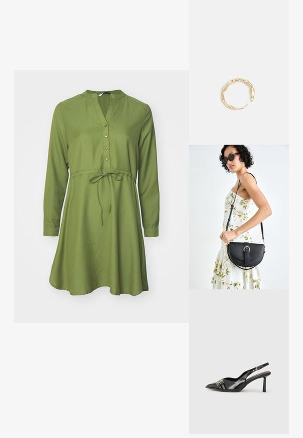 Grünes langärmliges Kleid mit V-Ausschnitt, Knopfverschluss, tailliertem Bindegürtel und schwingendem Rock. Glatter Stoff und schlichtes Design.; Schwarzer Lackleder Slingback-Schuh mit spitzem Zehenbereich, Knöchelriemen mit silbernen Schnallen und Beschlägen sowie einem schlanken Absatz.; Schwarze Lederhandtasche mit geschwungener Form, abnehmbarem Tragegurt und goldenen Beschlägen. Die Tasche verfügt über einen Deckel mit einer Schnallen-Details.; Goldfarbener Ring mit einem organischen, gedrehten Design, glatter Oberfläche und sich verjüngenden Enden, was ein modernes, skulpturales Erscheinungsbild erzeugt.