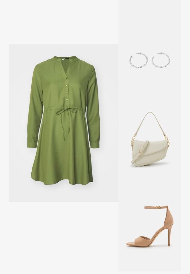 Zelena obleka z dolgimi rokavi in V-izrezom, s zapiranjem na gumbe, oprijetim pasom in razširjenim krilom. Gladka tkanina in preprost dizajn.; ALDO CRERIDE PILLOW WALK - Sandali - beige; Mala kremna torbica z teksturiranim zaključkom, dolgim nastavljivim trakom, verižnim poudarkom in zapiranjem na poklop. Detajli iz zlatega kovinskega materiala.; Srebrni uhani v obliki obročka s spiralnim dizajnom, ki imajo sijajno površino in zapiralo na zadnji strani. Mere znašajo približno 3 cm v premeru.