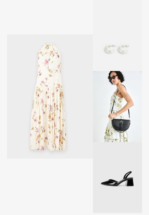 Kreminės spalvos maxi suknelė, dekoruota gėlių raštu, kuriame vyrauja rožinės ir geltonos gėlės, su kaklo raišteliu ir kliošine sijonu.; Juodos lakuotos odinės šlepetės su smailiu pirštu ir geometriniu bloko kulnu. Turi elegantišką, minimalistinį dizainą ir lygų paviršių.; Juodas odinis krepšys su išlenkta forma, nuimamu dirželiu ir auksiniais detalėmis. Krepšys turi kilpą su sagtimi.; Sidabriniai auskarai įsukto žiedo dizaino, su tekstūruotu paviršiumi ir briaunotu akcentu, pritvirtinti su užsegimu ant kotelio.