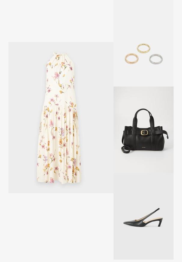Krém színű maxi ruha virágmintával, pink és sárga virágokkal, pánt nélküli nyakkivágással és redőzött szoknyával.; Fekete, hegyes orrú, slingback cipő alacsony sarkával, sima bőrből készült, oldalt kivágott deisgnal a légáteresztőképesség érdekében.; Fekete bőr kézitáska, amely strukturált kialakítással rendelkezik, dupla felső fogantyúval, arany tónusú csattal és a márka dombornyomott logójával az elején.; Három fémgyűrű: az egyik rose gold, a másik texturált akcentusokkal ellátott arany, a harmadik pedig ezüst, mindegyiken gravírozott márkajelzés található a belső sávon.