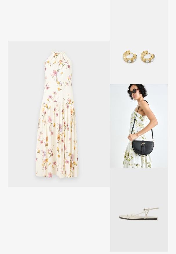 Maxi šaty z krémové látky s květinovým potiskem, který obsahuje růžové a žluté květy, s krkem na zavazování a skládací sukní.; Béžové ploché sandály s několika štíhlými pásky a nastavitelnou přezkou. Podešev je plochá s mírným tmavým kontrastem na okraji.; Černá kožená kabelka s křivkovým tvarem, odnímatelným popruhem a zlatými detaily. Kabelka má klopu s přezkou.; Zlaté kruhové náušnice s texturovaným designem a třemi jasnými krystalovými akcenty na jedné straně, které nabízejí moderní geometrickou estetiku.