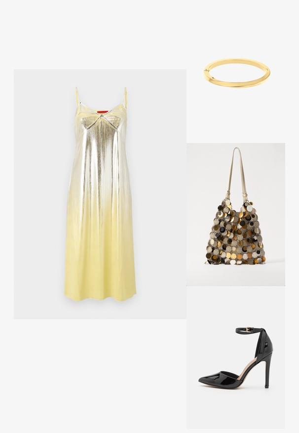 MAX&Co. BRIGHTON - Rochie cocktail/Rochie petrecere - yellow; Pantof de piele lacuită neagră cu toc înalt, vârf ascuțit, curea pentru gleznă și toc subțire stilettos. Textură netedă cu un finisaj lucios.; Rabanne Geantă de mână - guepard/silver; Brățară subțire din aur lustruit, cu o formă rotundă și netedă, având o marcă subtilă. Prezintă un design fără cusături și o estetică minimalistică.