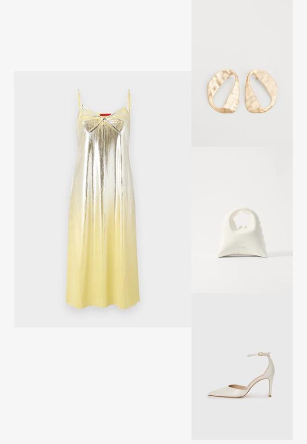 MAX&Co. BRIGHTON - Koktel haljina / svečana haljina - yellow; Bijela kožna visoko potpetica s oštrim vrhom, remenom oko članaka i tankom stiletto potpeticom. Glatka tekstura s blagim sjajnim završetkom.; Bijela torbica s teksturiranim, zakrivljenim dizajnom. Ima istaknutu ručku i zaobljeno dno, s glatkom završnom obradom i minimalnim hardverom.; Par zlatnih metalnih naušnica nepravilnog ovalnog oblika s teksturiranom, blago kovanom površinom na bijeloj pozadini.