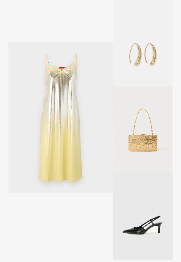 MAX&Co. BRIGHTON - Robe de soirée - yellow; Escarpin slingback en vernis noir avec un bout pointu, présentant un imprimé serpent texturé, une sangle réglable et un petit talon bloc texturé.; Pochette en sequins dorés de forme rectangulaire, dotée d'une poignée en chaîne torsadée et d'une fermeture à fermoir en métal, réfléchissant la lumière avec une finition texturée.; Boucles d'oreilles en métal doré en forme d'anneau, avec une forme courbée et allongée. Elles présentent une surface lisse et brillante avec une pointe arrondie pour un détail supplémentaire.