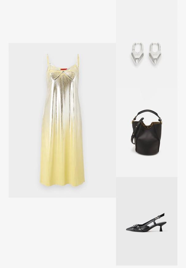 MAX&Co. BRIGHTON - Juhlamekko - yellow; Mustat nahkakengät, joissa on avonainen takaosa ja kärjessä terävä muoto, koristevyöt, joissa on metalliset reiät, sekä matala lohkoepohja. Teksturoitu pinta.; Mustan nahka-buckettikassi, jossa on teksturoitu pinta, kultaiset metalliosat ja avoin yläosa. Ominaisuuksiin kuuluu lyhyt kahva ja säädettävä olkahihna.; Hopeakuvioiset sydämen muotoiset rakkaussulkeet, joissa on kaiverrettu "KYLLÄ" ja "EI" -tekstit, kiiltävä pinta, symmetrinen muotoilu ja kestävä metalliovi.