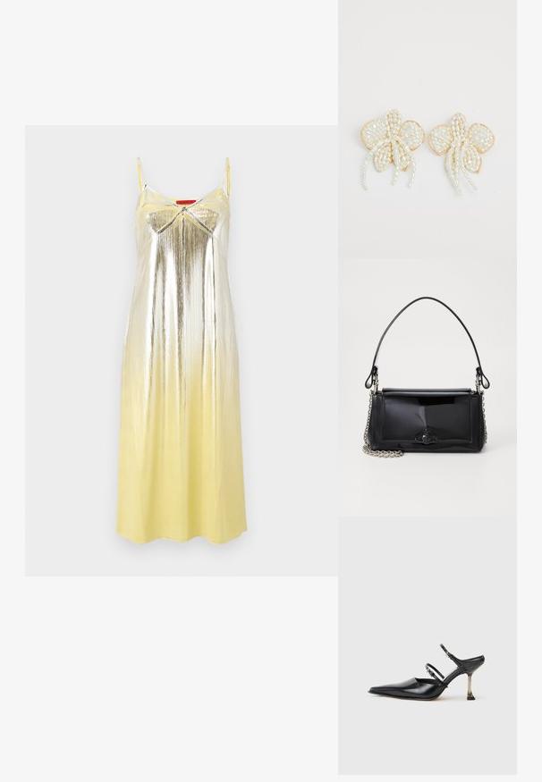 MAX&Co. BRIGHTON - Koktajl obleka/za zabavo - yellow; Črne usnjene čevlje z usnjem v obliki konice, zapet na peti s dvema nastavljivima trakoma in kovinsko peto. Gladka tekstura in minimalističen dizajn.; Črna lakirana usnjena torbica pravokotne oblike, s verižnim trakom in značilnim kovinskim detajlom na sredini. Gladka textura.; Uhani v obliki cvetov z biserom in z zlatimi poudarki. Vsak cvetni list vsebuje majhne, okrogle bisere razporejene v cvetličnem vzorcu z visečimi bisernimi podrobnostmi.