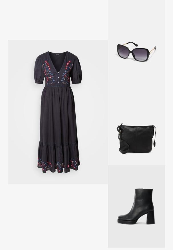 Vestido maxi preto com mangas curtas em balão, decote em V profundo, apresentando bordados florais coloridos no corpete e na barra. Tecido suave e fluido.; Bota de couro preta até ao tornozelo com salto bloco e sola com plataforma, vista de lado sobre um fundo branco liso.; Óculos de sol oversized pretos com lentes degradê, armações grossas e detalhes em corrente dourada nas hastes.; Mala de ombro em couro preto com forma plana, detalhes em metal dourado e alça ajustável. Textura suave com detalhes de costura mínimos.