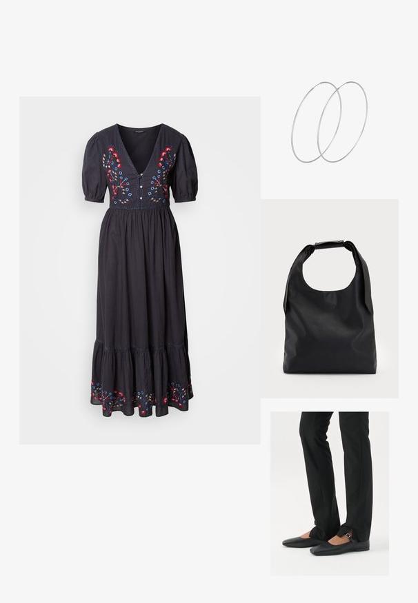 Schwarzes Maxikleid mit kurzen Puffärmel, tiefem V-Ausschnitt und buntem Blumenstickerei an der Brust und dem Saum. Weicher, fließender Stoff.; Schwarze Leder-Ballerinas mit spitzer Zehenpartie, Riemchen mit silberner Schnalle, kombiniert mit schwarzen taillierten Hosen mit Schlitzsaum.; Schwarze Leder-Hobo-Tasche mit einem einzelnen, weichen, abgerundeten Griff; verfügt über eine glatte Textur und ein minimalistisches Design. Keine sichtbaren Beschläge oder Akzente.; Silberne Creolen mit minimalistischem Design. Rundform, glatte Oberfläche und dünnes Profil. Leichtgewichtig mit hochglänzender Oberfläche.