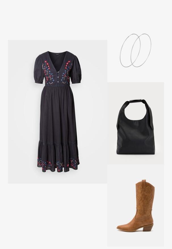 Svart maxiklänning med korta puffärmar, djup V-ringning, prydd med färgglad blomsterbroderi på kroppen och nederkanten. Mjuk, flödande tyg.; Bruna lädercowboystövlar med spetsig tå, broderade virvelmönster på skaftet och en staplad blockklack. Har en dragflik för enkel påtagning.; Svart läder hobo-väska med ett enda, mjukt, rundat handtag; har en slät textur och en minimalistisk design. Ingen synlig hårdvara eller detaljer.; Silverfärgade hoopörhängen med en minimalistisk design. Cirkulär form, slät yta och tunn profil. Lätta med en polerad finish.