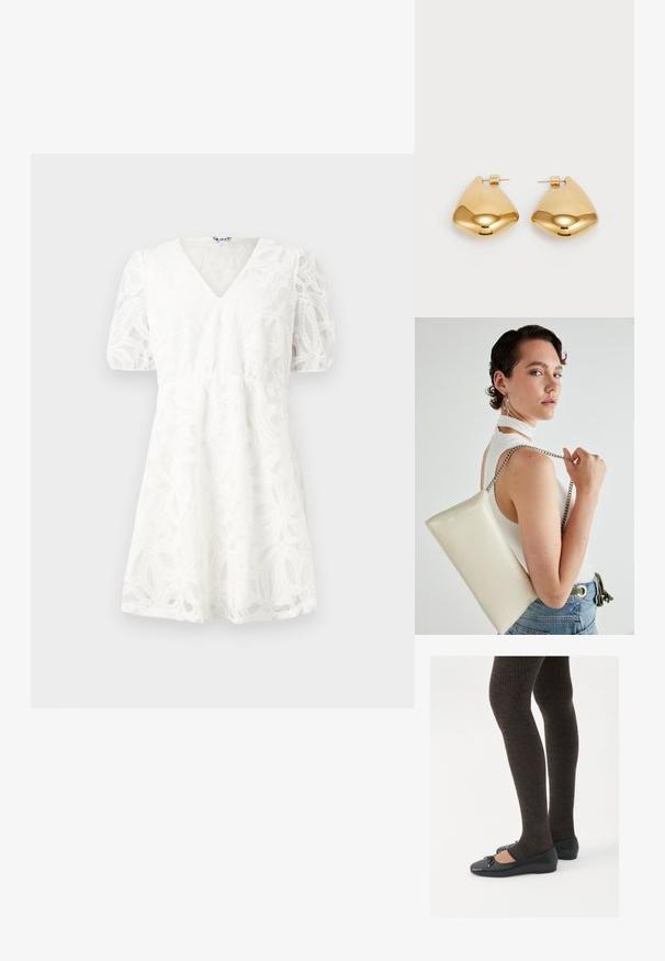Hvit kjole med V-hals, pufferm og intrikate blonder i blomsterdesign. Elastisk midje og utsvingt skjørt fremhever den lette teksturen.; Sorte flate sko med en liten sløyfedetalj på tåen, kombinert med mørkebrune ribbede strømpebukser. Skoene har en glatt overflate og lav profil.; Hvit rektangulær clutch-veske laget av blankt materiale, med en sølvkjede-stropp. Modellen poserer og viser vesken mot en ensfarget bakgrunn.; Øreringer i gulltone laget av metall, med en glatt, avrundet trikantform og stift-bakdesign; reflekterende overflate med minimal detaljer.