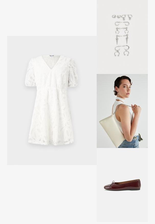 Valge kleit V-kaelusega, puhvis varrukatega ja keeruka lilledega pitsdetailiga. Elastne talje ja laiendatud seelikuosa rõhutavad selle kerget tekstuuri.; Burgundi patendnahk kingad balletitüüpi, ümmarguse ninaosa, ees väike paelaaktsent ja madal must kummist tald. Sile tekstuur.; Valge ristkülikuline kotti, mis on valmistatud läikivast materjalist, hõbedase ahelsangaga. Mudel poseerib, tutvustades kotti ühtlase taustaga.; Hõbedaste kõrvarõngaste komplekt, mis sisaldab erinevaid stiile: rõngad, kõrvaaugud ja rippuvad mudelid, millel on kuulitaolised aktsendid ja teravad elemendid.