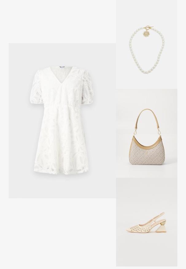 Witte jurk met een V-hals, pofmouwen en intriqué bloemenkant details. Elastische taille en een uitlopende rok benadrukken de lichte textuur.; Beige slingback schoen met geperforeerde bovenkant, puntige neus en een contrasterende driehoekige hak met een gouden accent. Over het algemeen een gladde textuur.; Beige handtas met een patroon en een gebogen vorm, leren accenten en een goudkleurig logo aan de voorkant. Beschikt over een kort handvat voor gemakkelijk dragen.; Lauren Ralph Lauren COLLAR - Ketting - gold-coloured/white