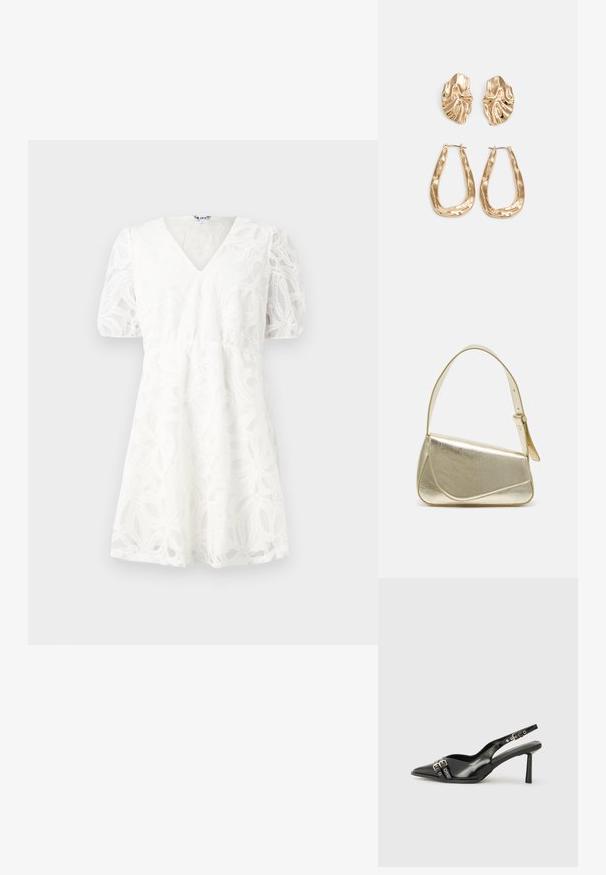 White dress with a V-neck, puff sleeves, and intricate floral lace detailing. Elastic waist and flared skirt enhance its lightweight texture.; Black patent leather slingback shoe with pointed toe, ankle straps featuring silver buckles and hardware, and a slender heel.; Gold metallic handbag with a structured design, smooth texture, and adjustable strap. Features a unique triangular shape and minimalist stitching.; Gold-tone earrings featuring textured, wavy shapes. Includes sculptural clip-on studs and open hoop design with a hammered finish.