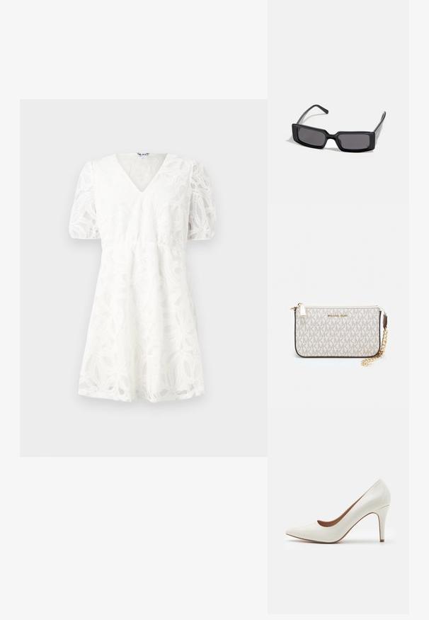 Rochie albă cu decolteu în V, mâneci bufante și detalii florale din dantelă intricate. Talie elastică și fustă evazată care accentuează textura sa ușoară.; Cămașă de lac alb cu toc înalt, cu vârful ascuțit și o suprafață netedă, având un toc subțire și o deschidere tăiată jos.; Ochelari de soare negri cu rame dreptunghiulare, lentile întunecate și un finisaj lucios neted. Include temple subțiri cu un branding subtil pe lateral.; Clutch Michael Kors din canva acoperit bej, cu un model repetitiv al logo-ului MK, accesorii din aur și o curea cu lanț detașabil.; Cercei metalici aurii cu un design ondulat; suprafață netedă și reflectorizantă; formă asimetrică; fără modele sau accesorii vizibile.