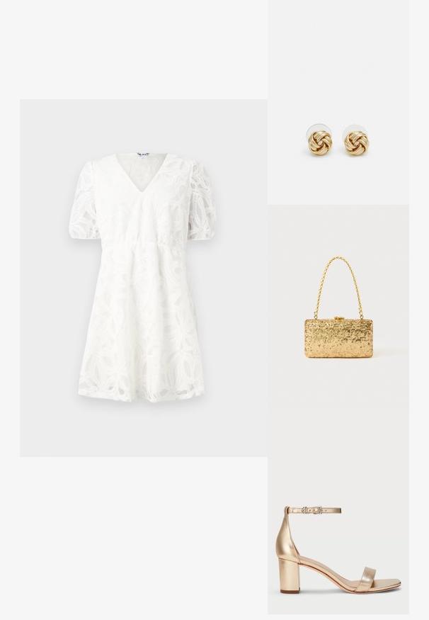 Robe blanche avec un décolleté en V, des manches bouffantes et des détails en dentelle florale délicate. La taille élastique et la jupe évasée mettent en valeur sa texture légère.; Lauren Ralph Lauren LOGAN METALLIC NAPPA LEATHER SANDAL - Sandales - platinum; Pochette en sequins dorés de forme rectangulaire, dotée d'une poignée en chaîne torsadée et d'une fermeture à fermoir en métal, réfléchissant la lumière avec une finition texturée.; Boucles d'oreilles avec clou en métal doré et design torsadé. Chaque boucle d'oreille est dotée d'un arrière transparent circulaire pour un port sécurisé.