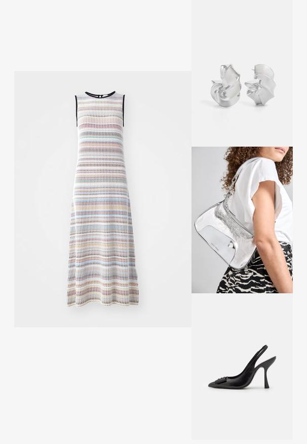 Hihaton midi-mekko, joka on valmistettu tekstituosta kankaasta ja jossa on vaakasuoria raitoja eri väreissä, mukaan lukien sininen, punainen ja keltainen mustilla yksityiskohdilla.; Musta nahka slingback-kengät, joissa on terävä kärki, kapea korko ja koristeellinen rusetti. Sileä pinta ja tyylikäs muotoilu.; Hopeinen metallinen olkalaukku, jossa on sileä pinta, kaareva muotoilu, ketjuolkaimet ja kiiltävä etupaneeli, jossa on hienovarainen logon kaiverrus.; Hopeakorvakorut, joissa on virtaava, spiraalimainen muotoilu. Sileä pinta, jossa on kiiltävä viimeistely. Ominaisuuksina hienovarainen kiilto ja ei näkyviä koristeita.