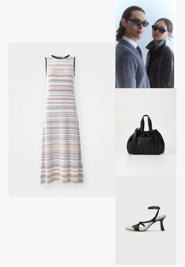 Vestido midi sin mangas hecho de una tela texturizada, con rayas horizontales en varios colores incluyendo azul, rojo y amarillo, con ribetes negros.; Sanda¡ía de tacón negro con diseño de tira trenzada, punta cuadrada y correa ajustable en el tobillo. Plantilla de color beige claro con un tacón negro brillante.; Gafas de sol con montura negra angular en un modelo con un suéter gris, mostrando un tejido texturizado y una chaqueta de cuero negra usada por otro modelo.; Bolso de mano de cuero negro con un diseño de parte superior fruncida, que cuenta con dos asas cortas y una correa larga ajustable. Textura suave, forma redondeada.; Maria Black TRYVANN EAR CUFF - Pendiente individual - silver coloured