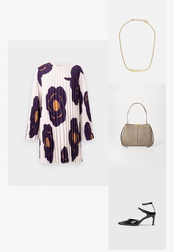 Obleka z dolgimi rokavi in gubami, z velikimi vijoličnimi in oranžnimi cvetličnimi potiski na svetlo rožnati podlagi, označena z imenom Marimekko.; Črne lakirane čevlje z visoko peto in ožjim prstom, z nastavljivimi gležnjastimi trakovi in tankim peto. Gladka tekstura z sijočim zaključkom.; Tommy Hilfiger CASUAL SHOULDER BAG - Torbica - coastal taupe; Zlatom pozlačen ogrlica z gladkim, ukrivljenim osrednjim poudarkom. Ima fleksibilno verigo z ježkom in dodatne prilagodljive verižice.