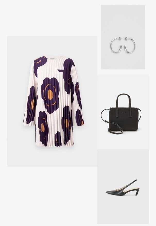 Plisseeritud pika varrukaga kleit, millel on suured lillad ja oranžid lillemustrid heleroosal taustal, etikett Marimekko.; Must mustaga, terav varvas, madala kontsaga sildiga king, mis on valmistatud siledast nahast ja mille küljel on lõike disain hingavuse tagamiseks.; Musthave mustrans vöö ja eemaldatav õlarihm. Gludike nahk siledaga, millel on tõmblukk ja logo detail.; Hõbedased rõngaskõrvarõngad, millel on sile ja läikiv pind. Ümar kuju, kerge disain, millel on post-tagumise kinnituse süsteem.