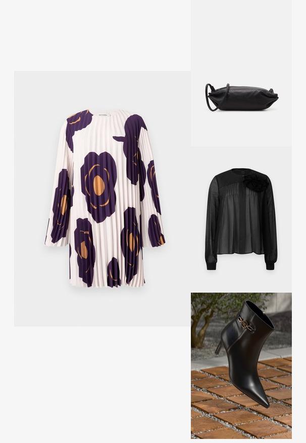 Plisseeritud pika varrukaga kleit, millel on suured lillad ja oranžid lillemustrid heleroosal taustal, etikett Marimekko.; Mustmust mustriga varrukatega must blouse, millel on ees voldid ja kihiline kangast lilleaktsent vasakul õlal. Nööbiga kinnitamine kaela juures.; Mustadast nahast pahkluu saapad terava nina ja väikese kontsaga. Rikkalikult kaunistatud kuldne kett pahkluu ümber. Ümbritsetud tekstuurse kivi pinnaga.; Musthave musta nahkklamber, millel on ristkülikukujuline kuju, sile tekstuur, õhuke õlavarre rihm ja minimalistlik disain.
