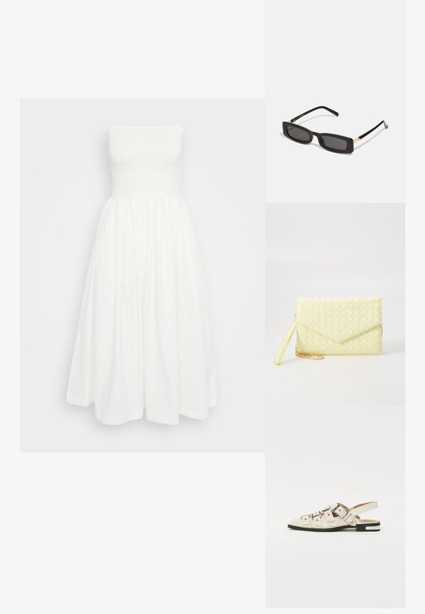 Fehér, pánt nélküli, A-vonalú ruha, testes testre simuló bodiccsel, redőzött szoknyával és sima pamutszerkezettel. Nincs látható minta vagy díszítés.; Fehér bőr slingback szandál, több széles pánttal és ezüst csatokkal; lapos talp, kis fekete sarokkal és fémes díszítésekkel.; Fekete téglalap alakú napszemüveg sötét lencsékkel, fényes műanyag kerettel, arany díszítéssel az temples. Minimalista design és elegáns forma.; Sárga szőtt pénztárca, hajtogatott dizájnnal, levehető csuklópánttal és arany színű lánc díszítéssel. Simább textúra és téglalap alak.; Arany fülbevalók sima, fényes felülettel. Kör alakú dizájn, amely kis kapoccsal és átlátszó tartozékkal rendelkezik a biztonságos viselés érdekében.