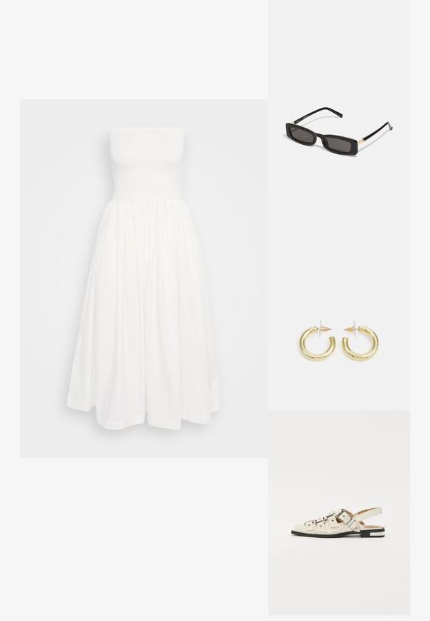 Valge õlakuumad A-line kleit, millel on istuv bodi, volditud seelik ja sile puuvillane tekstuur. Ei ole nähtavaid mustreid ega kaunistusi.; Valged nahast slingback-sandaalid, millel on mitmeid laiad rihmad ja hõbedased pandlad; tasane tald väikese musta kanna ja metalliliste detailidega.; Mustad ristkülikukujulised prillid tumedate läätsedega, läikivad plastraamid ja kuldsed aktsendid templites. Minimalistlik disain ja voolujooneline kuju.; Kuldne rõngassõrmused sileda ja läikiva viimistlusega. Ringikujuline disain, millel on väike post ja selge tagumine külg, et tagada kindel kandmine.