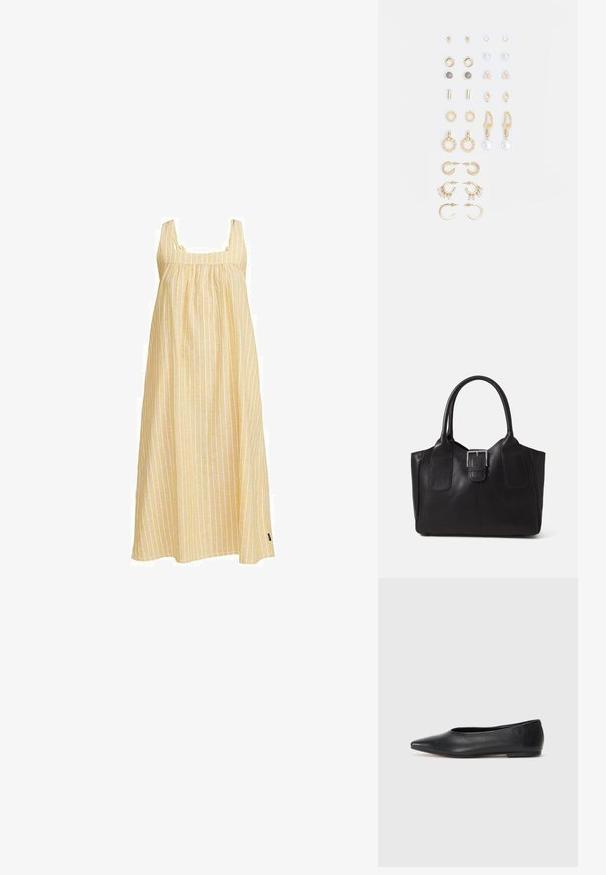 Dzeltena svītrainā bezpiešu kleita ar kvadrātveida dekoltē, plūstošu dizainu, savilkta krūšu daļa un viegla auduma tekstūra.; Melna ādas baleta kurpe, ar norādītu purngalu, minimālisma dizains, gluda tekstūra, zema papēža augstums, bez redzamiem aksesuāriem vai rotājumiem.; Melnas ādas somiņa ar gludu tekstūru, strukturētu formu, divām rokturām un izteiktu sudraba sprādzi priekšpusē.; Zeltainā tonī auskari, kas iekļauj dažādus dizainus, tostarp pīrsingu, gredzenus un karājošus elementus ar pērlēm un rhinestones.