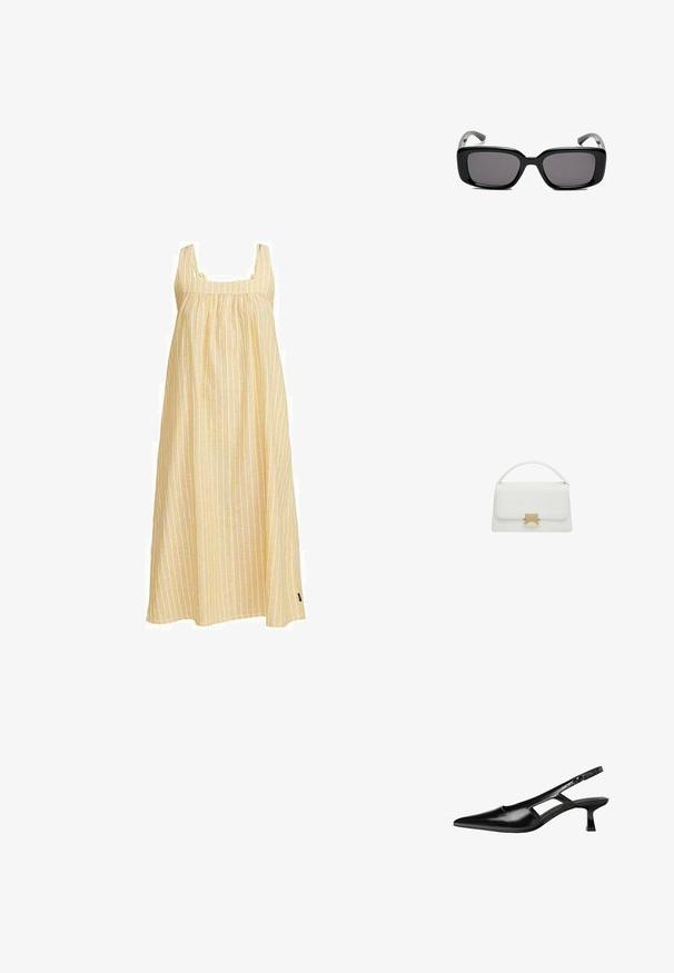 Žluté pruhované bezramínkové šaty se čtvercovým výstřihem, volným střihem, nařaseným tělem a lehkým materiálem.; Černé lakované lodičky na podpatku se špičatou špičkou, výřezovým designem na boku a malým čtvercovým podpatkem. Hladká textura s minimálními akcenty.; Černé obdélníkové sluneční brýle s tmavými skly, hladkým plastovým rámem a zakřivenými stranicemi. Design je robustní s minimalistickou estetikou.; Bílá kožená taška s pevnou konstrukcí, vybavená horní rukojetí a zlatým uzávěrem. Hladká textura a minimalistické detaily.