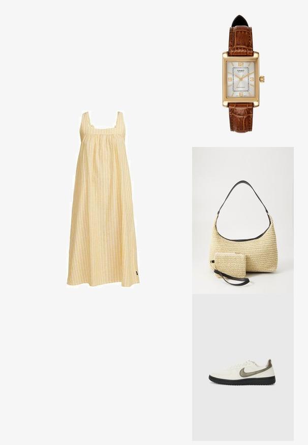 Gelbes gestreiftes ärmelloses Kleid mit quadratischem Ausschnitt, fließendem Design, gerafftem Oberteil und leichter Stofftextur.; Nike Sportswear FIELD GENERAL - Sneaker low - off-white/black; Geflochtene Strohtasche mit geschwungener Silhouette, ausgestattet mit einem glatten schwarzen Ledergriff und einem passenden kleinen Beutel, der mit einem Handgelenkriemen befestigt ist.; Casio Quarz-Uhr mit rechteckigem Gehäuse in Goldfarbe, weißem Ziffernblatt, goldenen Stundenmarkierungen und braunem Lederarmband im Krokodil-Design. Wasserfest.