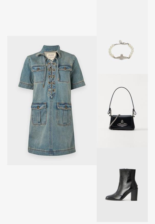 Denim mekko vaaleansinisessä värissä, jossa on kauluspanta, lyhyet hihat, nauhavyö ja kaksi rintataskua. Sisältää ompeluyksityiskohtia ja kultaisia varusteita.; Mustat nahka ankle bootit, joissa on sileä pinta, terävä kärki ja paksu korkea korko. Sivusaumassa on avaus ja muuten yksinkertainen muotoilu.; Mustan nahkainen käsilaukku, jossa on jämäkkä muotoilu, hopeinen ketjuhihna ja näyttävä metallinen logo edessä. Sujuva pinta.; Helmi rannekoru, jossa on hopeaosat, keskeinen koristeellinen lukko geometrisella muotoilulla ja pienillä strasseilla, viimeistelty rapuhakasilmukalla.