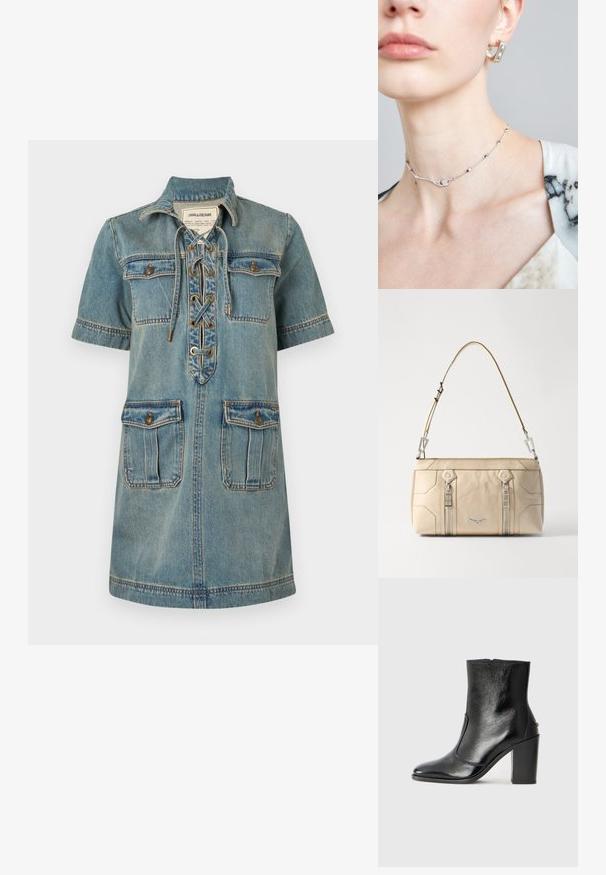 Denim obleka v svetlo modri barvi s ovratnikom, kratkimi rokavi, vezanjem spredaj in dvema žepoma na prsih. Ima detajle šivanja in zlat hardware.; Črne usnjene gležnarske čevlje z gladko teksturo, koničastim nosom in debelim visokim petam. Imajo stransko odprtino in minimalističen dizajn.; Bežna usnjena torbica z argentinsko kovino, dvema stranskima zadrgama, strukturirano zasnovo in snemnim trakom za vsestranskost.; Srebrna ogrlica s choker oblikom s nežno verigo, ki ima geometrične poudarke in majhen okrasni element v središču. Vidna je gladka kožna tekstura.