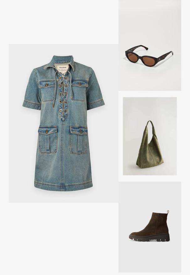 Denimkjole i lys blå med krave, korte ærmer, snørebånd foran og to brystlommer. Har syninger og gyldent hardware.; Brun ruskindsankelstøvle med en kraftig sort gummisål, der har en let hæl og en slip-in hækling for nem påklædning.; Sorte skildpadde-solbriller med brune linser, kantet design og brede arme med en diskret logodetail. Glat plastisk tekstur.; Grøn suedetote med blød tekstur, afslappet design og syede sømme. Har en enkelt hank og en åben hovedkompartment.