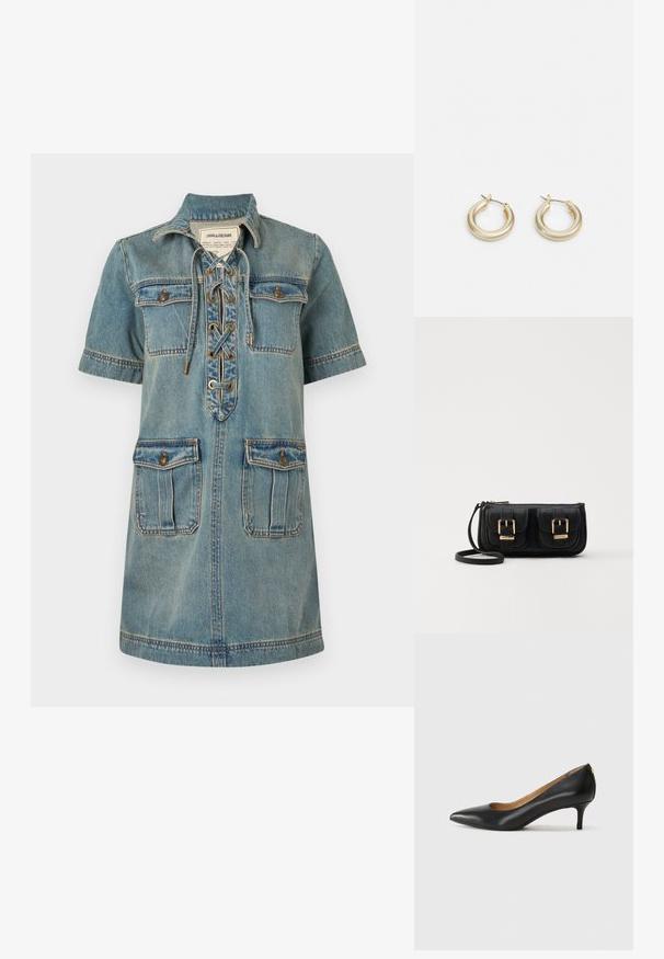 Vestido de mezclilla en azul claro con cuello con solapa, mangas cortas, cordones en la parte delantera y dos bolsillos en el pecho. Presenta detalles de costura y herrajes dorados.; Zapato de tacón negro de cuero con punta afilada, tacón bajo y textura suave. Presenta una ligera apertura en la parte frontal y un hardware minimalista en la parte trasera.; Bolso cruzado de cuero negro con dos bolsillos frontales, hebillas doradas, cierre de cremallera y una correa delgada. Superficie texturizada y forma rectangular compacta.; Lauren Ralph Lauren BASIC SMALL HOOP - Pendientes - gold-coloured